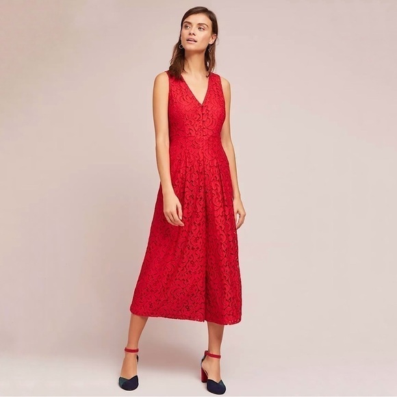 Anthropologie Moulinette Soeurs Jaeda Wide Leg Lace Jumpsuit Red 2 - Picture 1 of 16